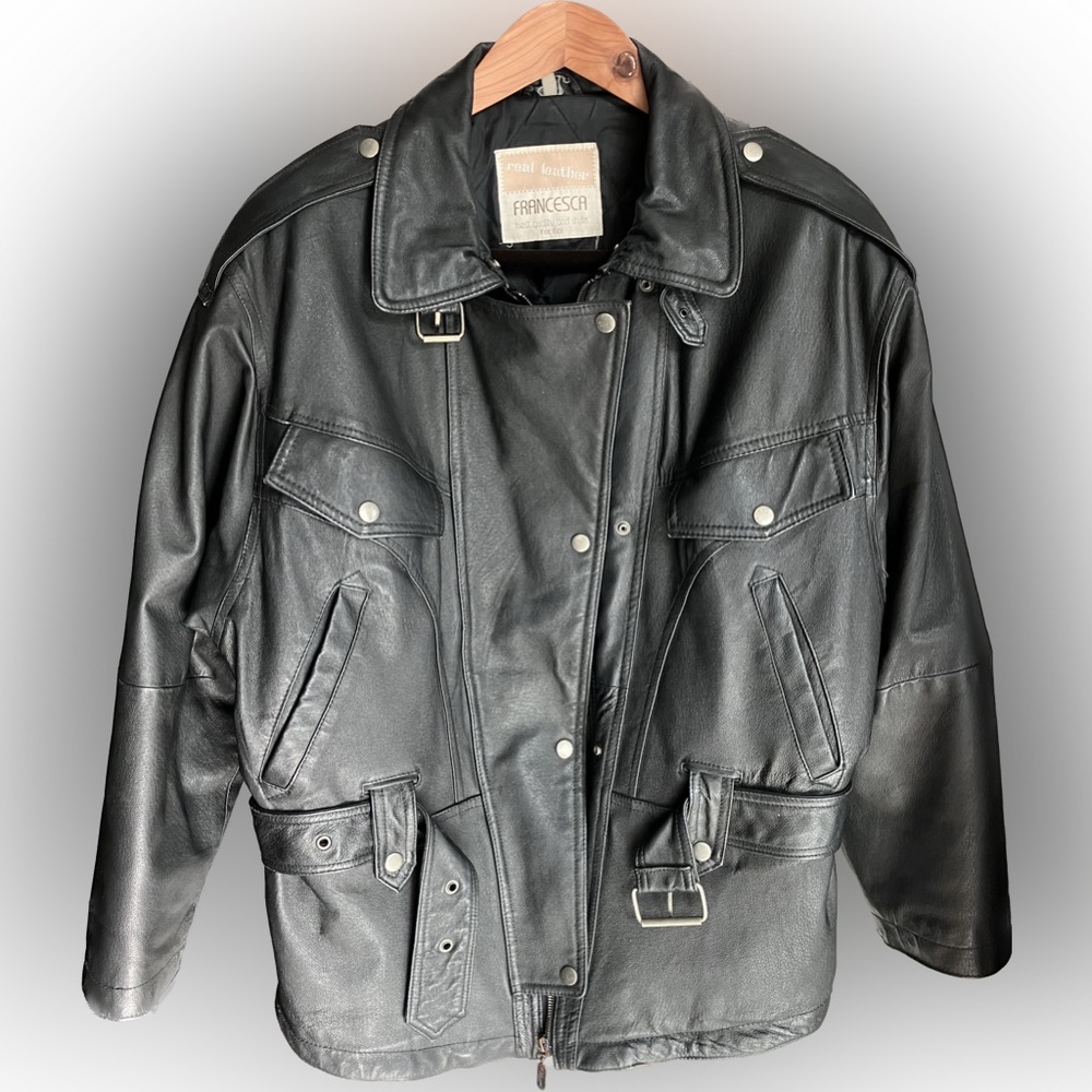 Black leather hide survival coat. Motorcycle Riding coat.